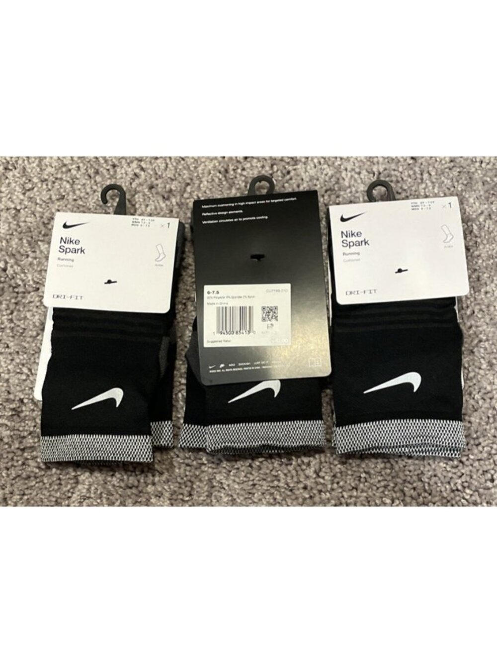 3 Pair Nike Spark Dri-Fit Cushioned Running Ankle Socks Black Mens Size 6-7.5